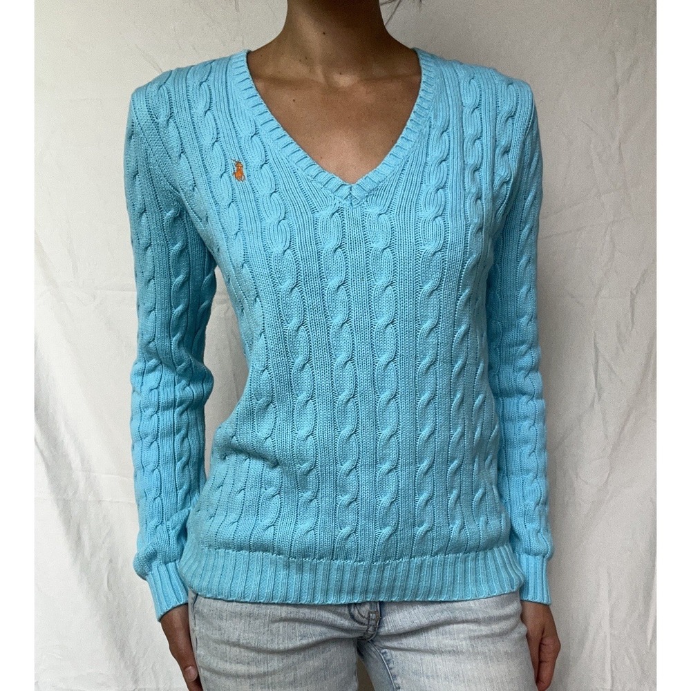 Vintage Ralph Lauren Aqua Blue Cable Knit Sweater Cotton Preppy 2000s Soft Girl